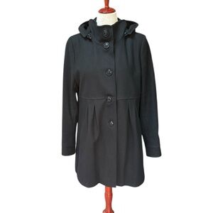 DKNY Women’s Black Wool Pea Coat Size 12 Large Dressy Fit Flare Button Detail